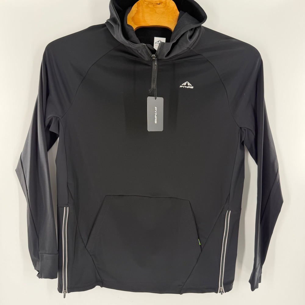 PYNRS Mens Black Quarter Zip Running Hoodie Fleece Lined Reflective XL NEW